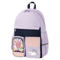 Рюкзак BRAUBERG PASTEL с термо-нашивками в комплекте, "Lazy cat", сиреневый, 40х29х14 см, 271422