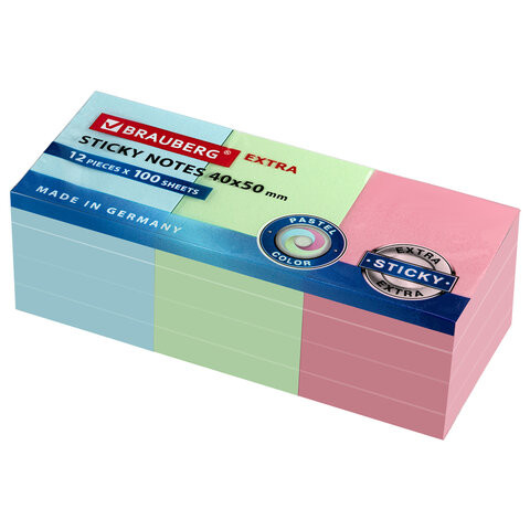 Блоки самоклеящиеся EXTRA STICKY BRAUBERG (Германия), ПАСТЕЛЬНЫЕ, 40х50 мм, НАБОР 12 шт. по 100 л., 3 цвета, 112430 по низкой цене оптом 