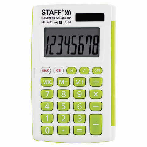 Калькулятор карманный STAFF STF-6238 (104х63 мм), 8 разядов, двойное питание, БЕЛЫЙ С ЗЕЛЁНЫМИ КНОПКАМИ, блистер, 250283 по низкой цене оптом 