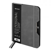Ежедневник датированный 2026 А5 151х213мм BRAUBERG Note, под кожу, держатель для ручки, серый, 117519