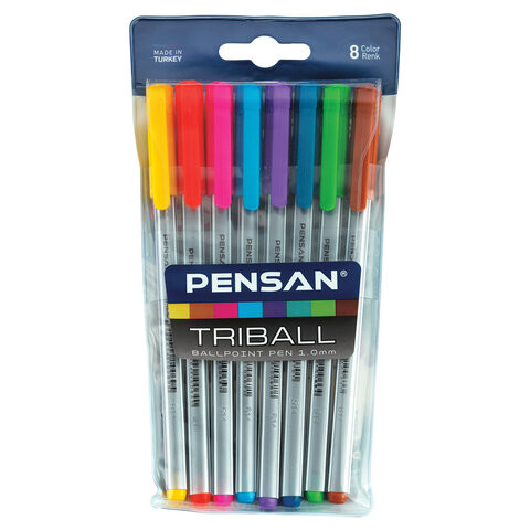 Ручки шариковые масляные PENSAN "Triball Colored", НАБОР 8 шт., АССОРТИ, узел 1 мм, линия письма 0,5 мм, 1003/PVC8 по низкой цене оптом Краснодар, Москва, Уфа, Казань, Барнаул, Владивосток, Хабаровск, Сахалин, Красноярск, Екатеренбург, 