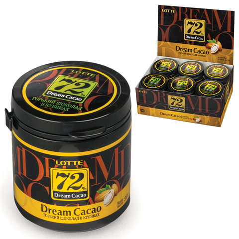 Шоколад LOTTE "Dream Cacao", горький (какао 72%), в кубиках, в пластиковой банке, 90 г, 6104239 по низкой цене оптом 