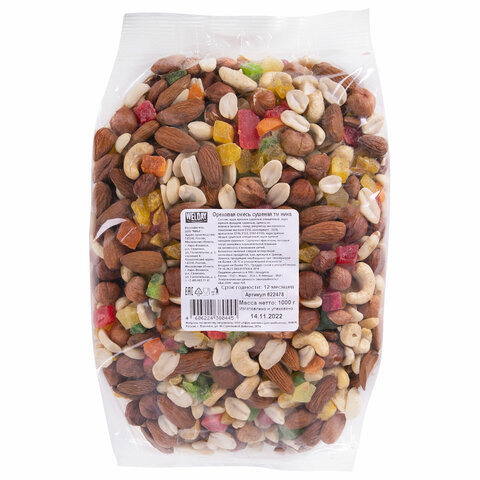 Ореховая смесь сушеная, WELDAY, фундук, миндаль, арахис, кешью, ананас, 1000 г, 622478 по низкой цене оптом 