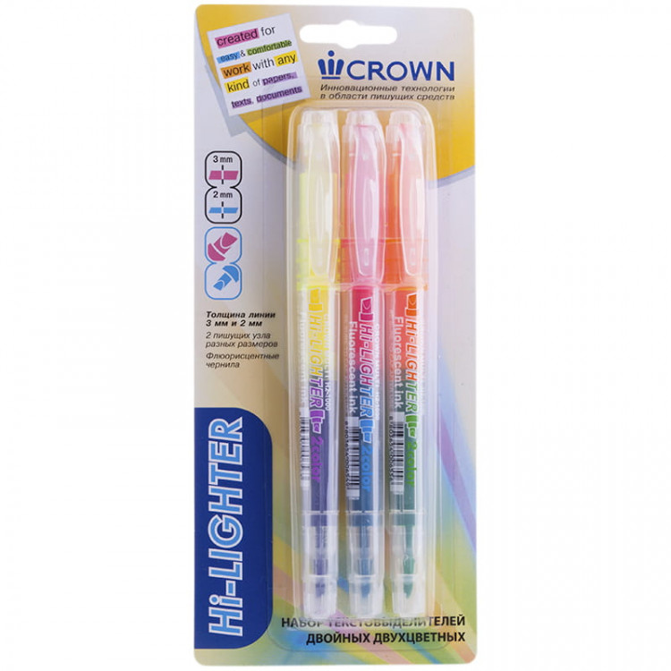 Набор текстовыделителей двухсторонних Crown "Multi Hi-Lighter Twin" 3шт., 6цв., 3/2мм, блистер по низкой цене оптом Краснодар, Москва, Уфа, Казань, Барнаул, Владивосток, Хабаровск, Сахалин, Красноярск, Екатеренбург, 