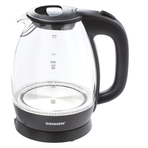Чайник SONNEN KT-1786, 1,7 л, 2200 Вт, закрытый нагревательный элемент, стекло, 453422 по низкой цене оптом Краснодар, Москва, Уфа, Казань, Барнаул, Владивосток, Хабаровск, Сахалин, Красноярск, Екатеренбург, 