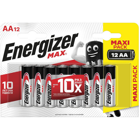 Батарейки КОМПЛЕКТ 12 шт., ENERGIZER Max, AA (LR06, 15А), алкалиновые, пальчиковые, блистер, E301531401 по низкой цене оптом 