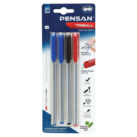 Ручки шариковые масляные PENSAN "Triball Colored", НАБОР 4 шт., АССОРТИ, 1 мм, линия письма 0,5 мм, 1003/B4 по низкой цене оптом 