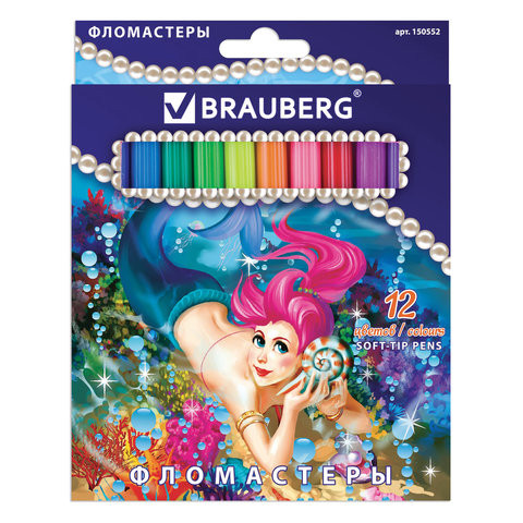 Фломастеры BRAUBERG "Морские легенды", 12 цветов, вентилируемый колпачок, картонная упаковка с блестками, 150552 по низкой цене оптом 