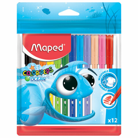 Фломастеры MAPED (Франция) "Color'Peps Ocean", 12 цветов, смываемые, вентилируемый колпачок, упаковка, европодвес, 845720 по низкой цене оптом 