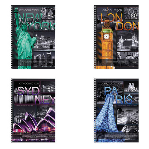 Тетрадь А4, 80 л., HATBER, спираль, клетка, выборочный лак, "CITY COLLECTION" ("ГОРОДА") (4 вида), 80Т4вмB1сп, T51177 по низкой цене оптом Краснодар, Москва, Уфа, Казань, Барнаул, Владивосток, Хабаровск, Сахалин, Красноярск, Екатеренбург, 