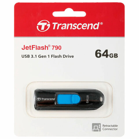 Флеш-диск 64GB TRANSCEND JetFlash 790, USB 3.1, черный, TS64GJF790K по низкой цене оптом Краснодар, Москва, Уфа, Казань, Барнаул, Владивосток, Хабаровск, Сахалин, Красноярск, Екатеренбург, 