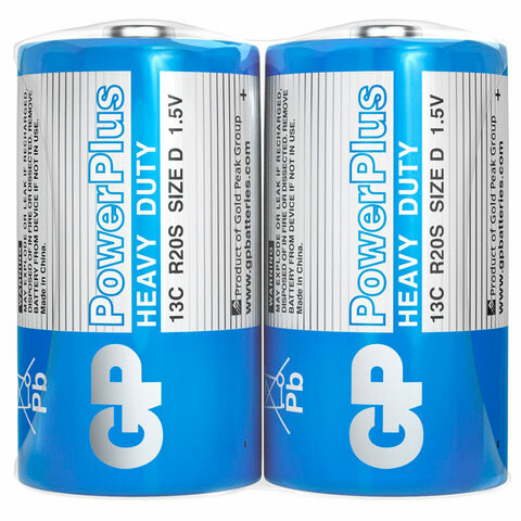 Батарейки КОМПЛЕКТ 2 шт. GP PowerPlus D (13C), солевые, в пленке, 13CEBRA-2S2 по низкой цене оптом 