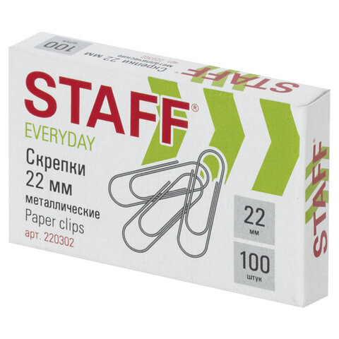Скрепки STAFF "EVERYDAY", 22 мм, металлические, 100 шт., в картонной коробке, Россия, 220302 по низкой цене оптом 