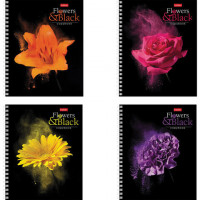 Тетрадь А5, 96 л., HATBER, гребень, клетка, обложка картон, "FlowerOnblack" (4 вида в спайке), 96Т5В1гр