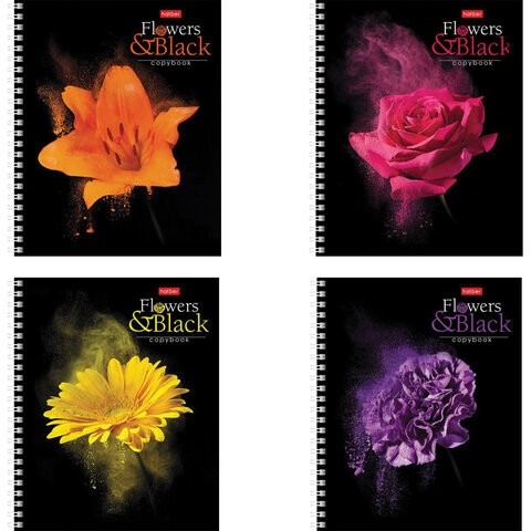 Тетрадь А5, 96 л., HATBER, гребень, клетка, обложка картон, "FlowerOnblack" (4 вида в спайке), 96Т5В1гр по низкой цене оптом 