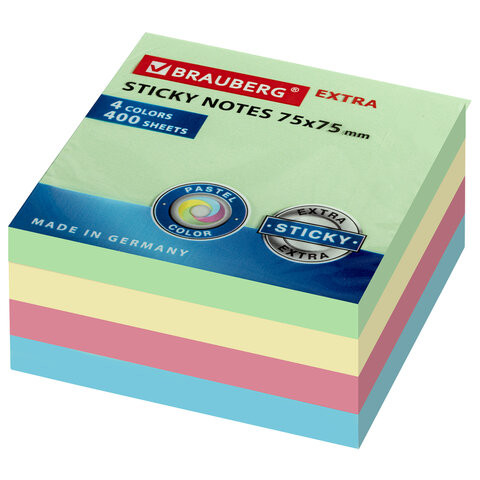 Блок самоклеящийся (стикеры) EXTRA STICKY BRAUBERG (Германия), ПАСТЕЛЬНЫЙ, 75х75 мм, 400 л., 4 цвета, 112440 по низкой цене оптом 