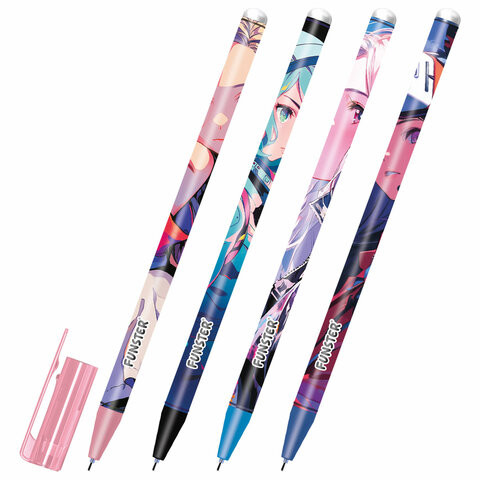 Ручка стираемая гелевая с принтом FUNSTER "ANIME", СИНЯЯ, корпус ассорти, игольчатый наконечник 0,5 мм, линия 0,35 мм, 144412 по низкой цене оптом 