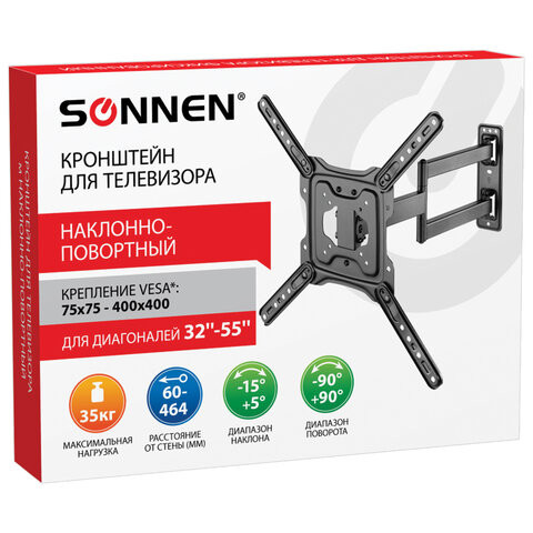 Кронштейн-крепление для ТВ настенный, до 35 кг. VESA 75х75-400х400, 32"-55", черный, SONNEN, 455946 по низкой цене оптом 