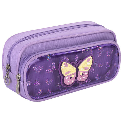 Пенал-косметичка ЮНЛАНДИЯ, 2 отделения, полиэстер, "Butterfly", фиолетовый, 21х6х9 см, 270256 по низкой цене оптом 