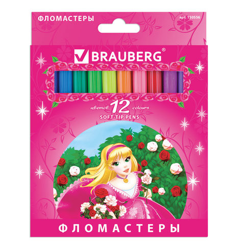 Фломастеры BRAUBERG "Rose Angel", 12 цветов, вентилируемый колпачок, картонная упаковка, увеличенный срок службы, 150556 по низкой цене оптом 