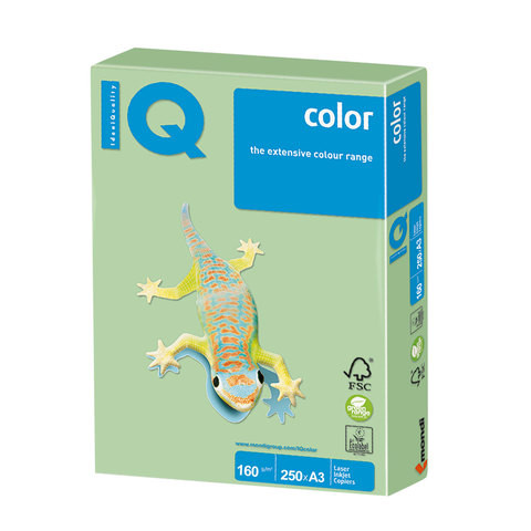 Бумага цветная IQ color БОЛЬШОЙ ФОРМАТ (297х420 мм), А3, 160 г/м2, 250 л., пастель, зеленая, MG28 по низкой цене оптом 