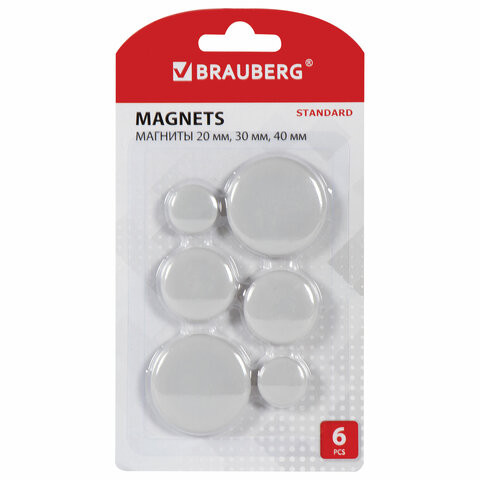 Магниты BRAUBERG "STANDARD", НАБОР 20 мм - 2 шт., 30 мм - 2 шт., 40 мм - 2 шт., серые, BRAUBERG, 237473 по низкой цене оптом 