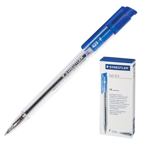 Ручка шариковая автоматическая STAEDTLER, СИНЯЯ, корпус прозрачный, узел 0,7 мм, линия письма 0,45 мм, 423 F-3 по низкой цене оптом 