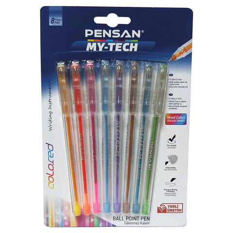 Ручки шариковые масляные PENSAN "My-Tech Colored", НАБОР 8 шт., яркие цвета АССОРТИ, линия письма 0,35 мм, 2240/B8 по низкой цене оптом 
