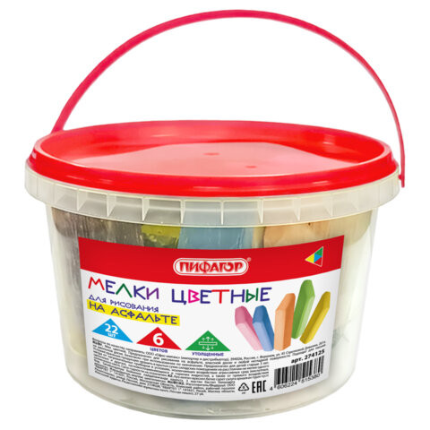 Мел в ведерке для рисования на асфальте 22 штуки, ПИФАГОР, цветной квадратный утолщенный, 274125 по низкой цене оптом 