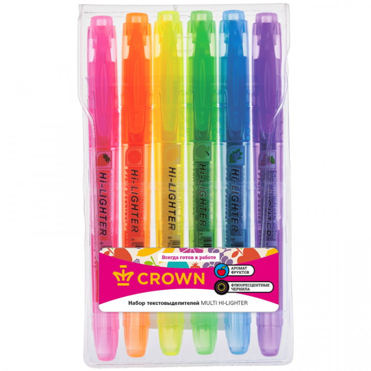Набор текстовыделителей Crown "Multi Hi-Lighter Aroma" 6цв., 1-4мм, ароматиз., чехол с европодвесом по низкой цене оптом Краснодар, Москва, Уфа, Казань, Барнаул, Владивосток, Хабаровск, Сахалин, Красноярск, Екатеренбург, 