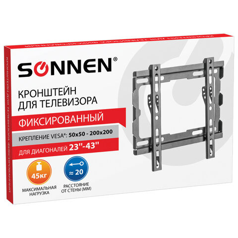 Кронштейн-крепление для ТВ настенный, до 45 кг. VESA 100х100-200х200, 23"-43", черный, SONNEN, 455948 по низкой цене оптом 