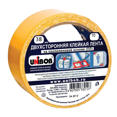 Клейкая двухсторонняя лента 38 мм х 10 м, ПОЛИПРОПИЛЕНОВАЯ ОСНОВА, UNIBOB, 38566 по низкой цене оптом 