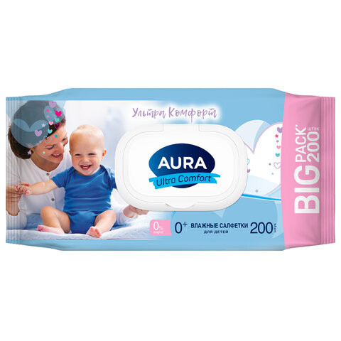 Салфетки влажные 200 шт, для детей, AURA Ultra Comfort, без спирта, крышка клапан, ш/, 8839 по низкой цене оптом Краснодар, Москва, Уфа, Казань, Барнаул, Владивосток, Хабаровск, Сахалин, Красноярск, Екатеренбург, 