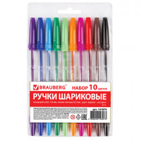 Ручки шариковые BRAUBERG, НАБОР 10 шт., АССОРТИ, "Line", корпус прозрачный, узел 1 мм, линия письма 0,5 мм, 141874