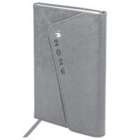 Ежедневник датированный 2026 А5 145х213мм BRAUBERG Jacket под кожу, клапан, держатель, серый, 117403