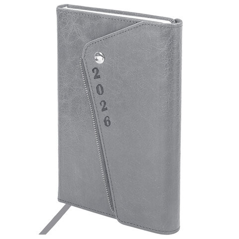 Ежедневник датированный 2026 А5 145х213мм BRAUBERG Jacket под кожу, клапан, держатель, серый, 117403 по низкой цене оптом 