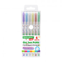 Ручки гелевые С БЛЕСТКАМИ BRAUBERG KIDS "CUTE ANIMALS", НАБОР 6 ЦВЕТОВ, корпус с печатью, узел 1 мм, линия письма 0,7 мм, 144443