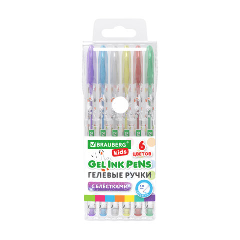 Ручки гелевые С БЛЕСТКАМИ BRAUBERG KIDS "CUTE ANIMALS", НАБОР 6 ЦВЕТОВ, корпус с печатью, узел 1 мм, линия письма 0,7 мм, 144443 по низкой цене оптом 