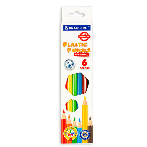 Карандаши цветные пластиковые BRAUBERG PREMIUM, 6 цветов, шестигранные, грифель мягкий 3 мм, 181665 по низкой цене оптом 