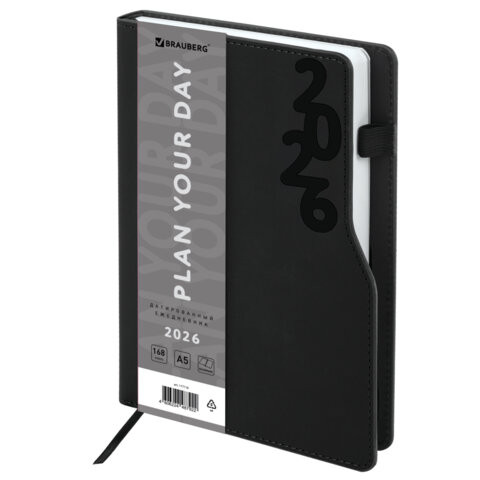 Ежедневник датированный 2026 А5 150x213мм BRAUBERG Up, под кожу софт-тач, держатель для ручки, черный, 117116 по низкой цене оптом 