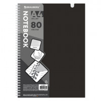 Тетрадь обложка пластик, А4 80л. гребень мягкий, вырубка для ручки, клетка, BRAUBERG, черный, 405371