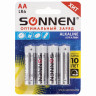 Батарейки КОМПЛЕКТ 4 шт., SONNEN Alkaline, АА (LR6, 15А), алкалиновые, пальчиковые, блистер, 451085 по низкой цене оптом Краснодар, Москва, Уфа, Казань, Барнаул, Владивосток, Хабаровск, Сахалин, Красноярск, Екатеренбург, 