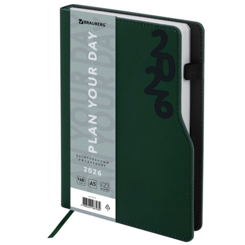 Ежедневник датированный 2026 А5 150x213мм BRAUBERG Up, под кожу софт-тач, держатель для ручки, зеленый, 117117 по низкой цене оптом 