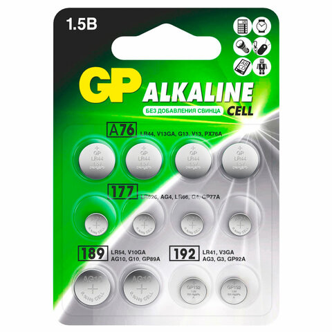 Батарейки НАБОР 12шт (А76 - 4шт, 177 - 4шт, 189 - 2шт, 192 - 2шт) GP Alkaline блистер, ACM02F-2CR12 по низкой цене оптом 