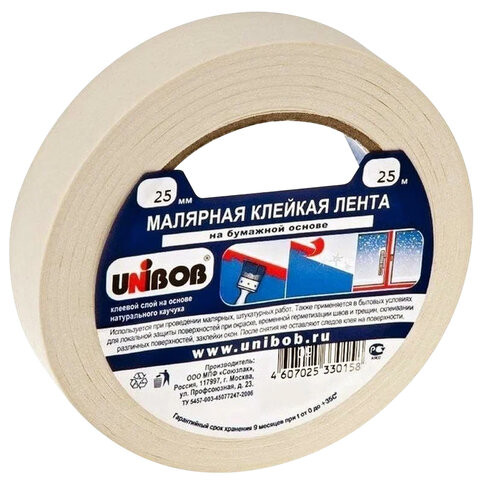 Клейкая лента малярная легкоудаляемая 25 мм х 25 м, UNIBOB, белая, 84725 по низкой цене оптом 