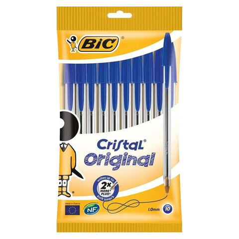 Ручки шариковые BIC "Cristal Original", НАБОР 10 шт., СИНИЕ, узел 1 мм, линия письма 0,32 мм, пакет, 830863 по низкой цене оптом 