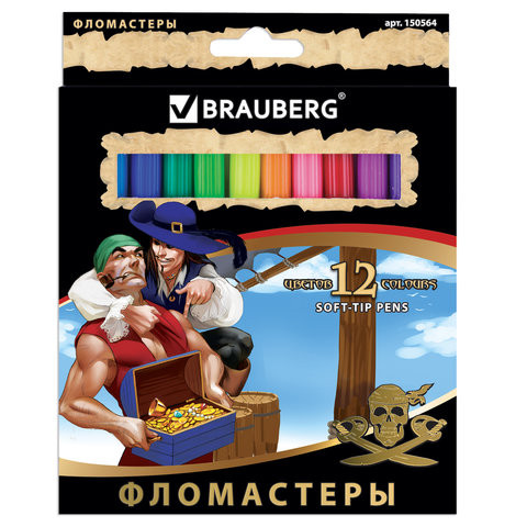 Фломастеры BRAUBERG "Корсары", 12 цветов, вентилируемый колпачок, картонная упаковка с золотистым тиснением, 150564 по низкой цене оптом 