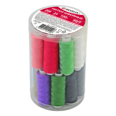 Нитки швейные 40/2 200 м, полиэстер, НАБОР 24 цвета, в ПОДАРОК набор игл, DEVELIA (Девелиа), 609624 по низкой цене оптом Нитки швейные 40/2 200 м, полиэстер, НАБОР 24 цвета, в ПОДАРОК набор игл, DEVELIA (Девелиа), 609624 по низкой цене оптом