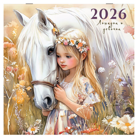 Календарь настенный перекидной 2026г, BRAUBERG, 12 листов, 28,5х28,5см, Лошадка и девочка, 116937 по низкой цене оптом 