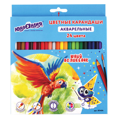 Карандаши цветные акварельные ЮНЛАНДИЯ "ЮНЫЙ ВОЛШЕБНИК", 24 цвета, шестигранные, заточенные, 181404 по низкой цене оптом 